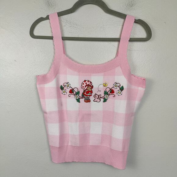 Hot Topic Strawberry Shortcake Knit Tank Top Womens Medium White Pink Gingham - Picture 1 of 9